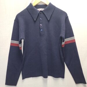 Vtg 60s Ski Sweater Mens M Tight Fit Navy Blue Polo Collar Striped Acrylic  Wool